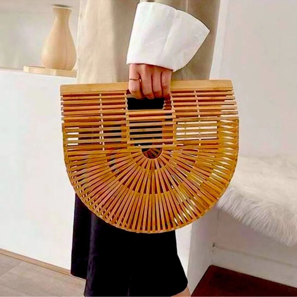 NWOT Bamboo Basket Handbag Natural Tan Woven Purse Summer Tote